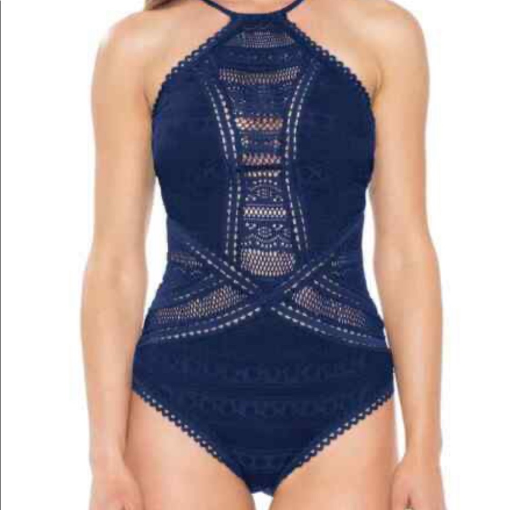 Becca Navy Blue Crochet Bathing Suite, Size M